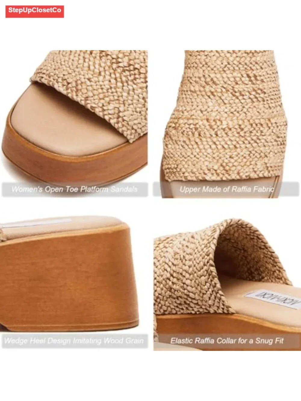 Raffia Platform Wedge Sandals Women Slip On Open Toe Summer Beach